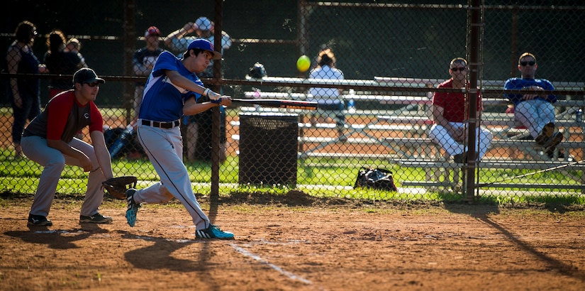 Aaron Barnes, 628th Comptroller Squadron/Wing Staff Agencies player, hits a pitch during the season opener of the Intramural Softball season May 13, 2015 at Joint Base Charleston – Air Base, S.C. 628th WSA/CPTS beat the FLYERS 6-3. The season is expected to run until mid-June. (U.S. Air Force photo/Airman 1st Class Clayton Cupit)