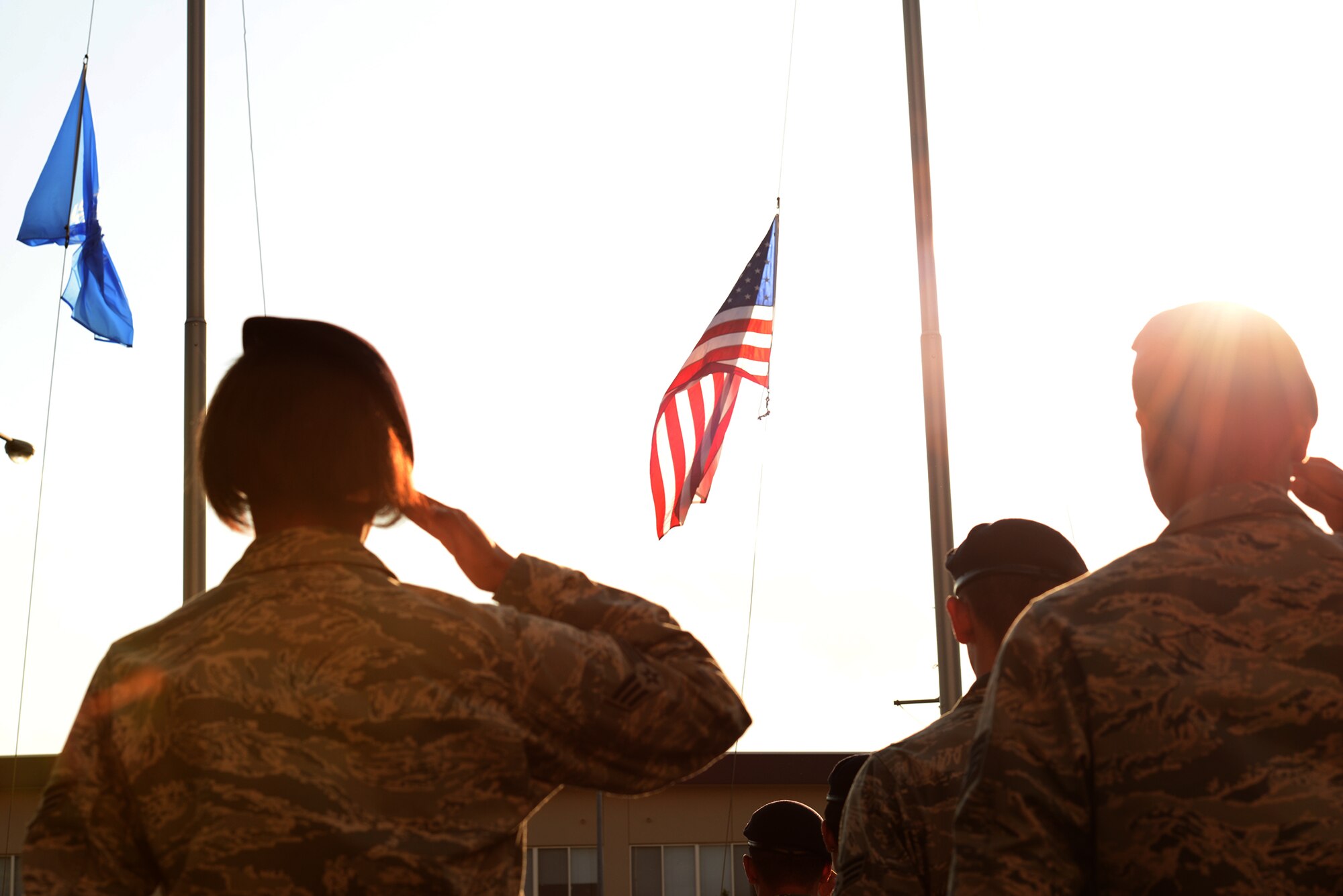 374th Security Forces Squadron members salute the colors during a retreat ceremony at Yokota Air Base, Japan, May 13, 2015.  The ceremony was held to honor fallen law enforcement officers as part of Police Week.(U.S. Air Force photo by Airman 1st Class Elizabeth Baker/Released)