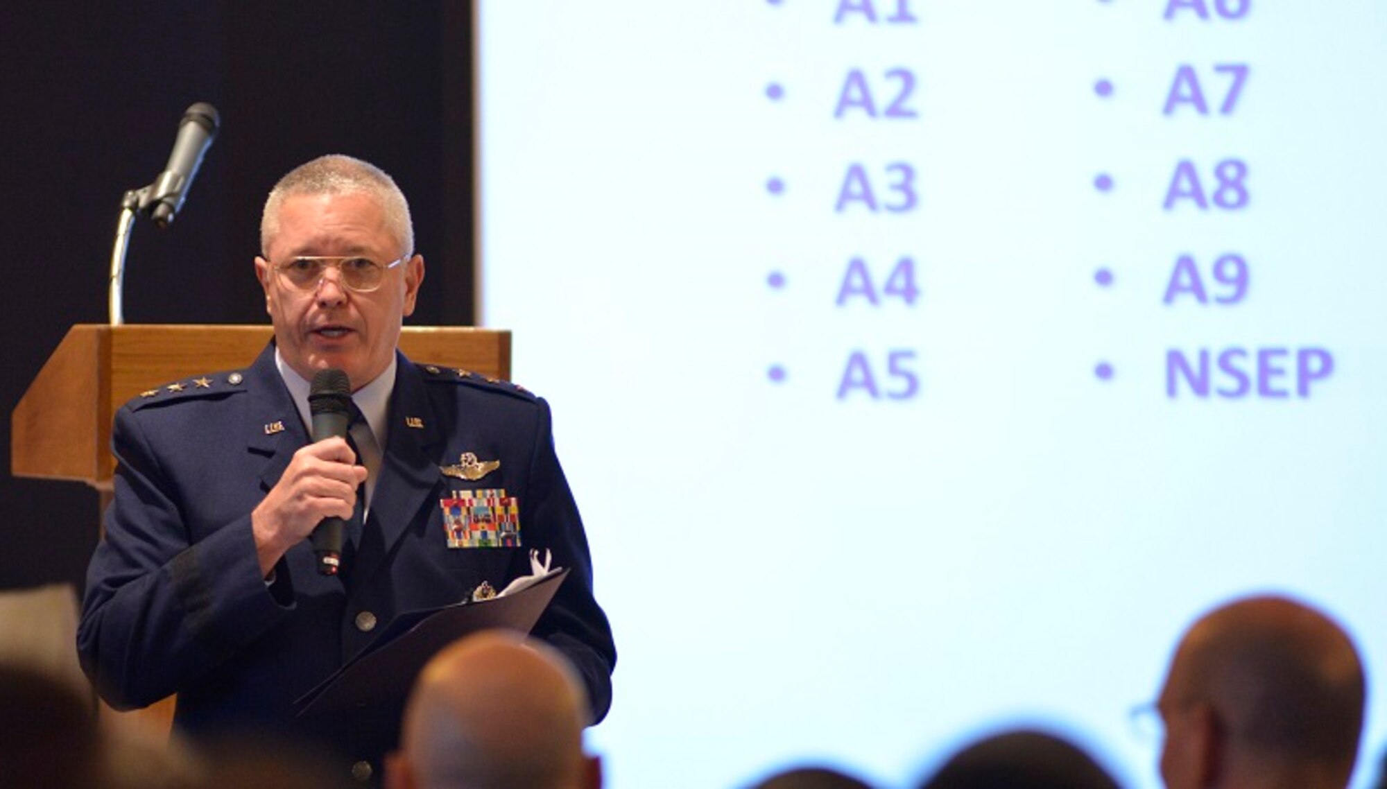 Gen. William Etter, Continental U.S. Aerospace Defense Command Region-1st
Air Force (Air Forces Northern) Commander speaks to members of AFNORTH and
the 601st Air and Space Operations Center during his Commanders Call held
May 4, 2015. (U.S. Air Force Photo by Master Sgt. Kurt Skoglund/Released) 
