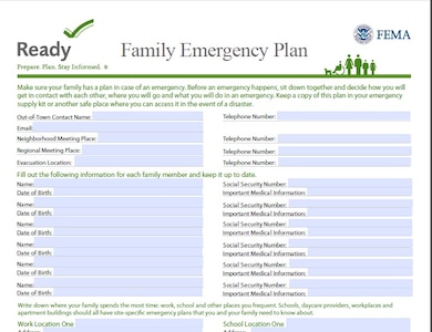Make sure your family has a plan in case of an emergency. Before an emergency happens, sit down together and decide how you will get in contact with each other, where you will go and what you will do in an emergency. Keep a copy of this plan in your emergency supply kit or another safe place where you can access it in the event of a disaster. Visit link in the article for a template that can be filled in online and saved or printed on your local computer system. (Courtesy photo)