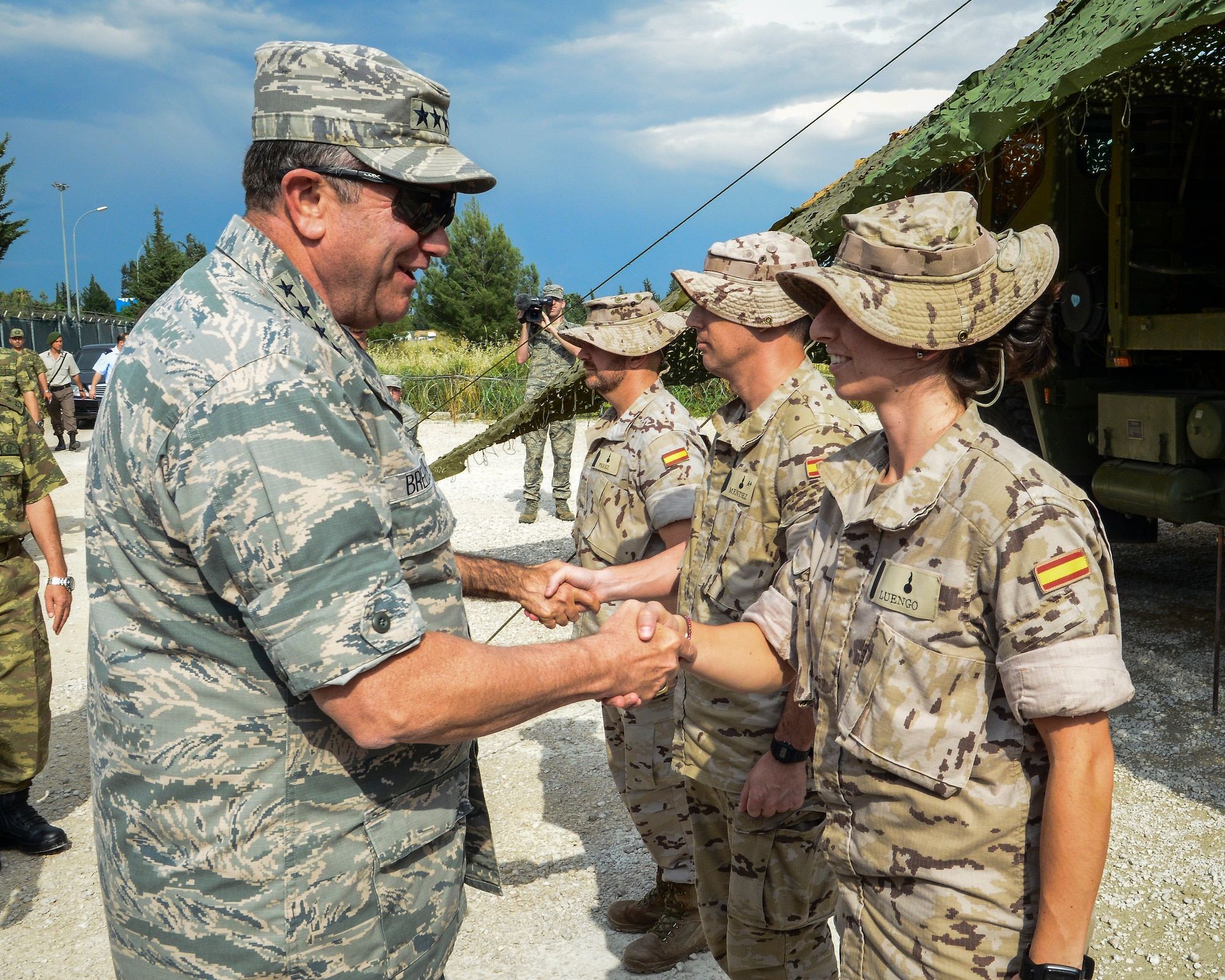 Gen. Philip Breedlove, NATO’s supreme allied commander for Europe and the commander of U.S. European Command, greets a Spanish soldier during a visit with the Spanish Patriot Unit May 14, 2015, Adana, Turkey. Since January 2013, Patriot batteries under NATO command have been spread throughout the southeastern border of Turkey. (U.S. Air Force photo by Airman 1st Class Cory W. Bush/Released)