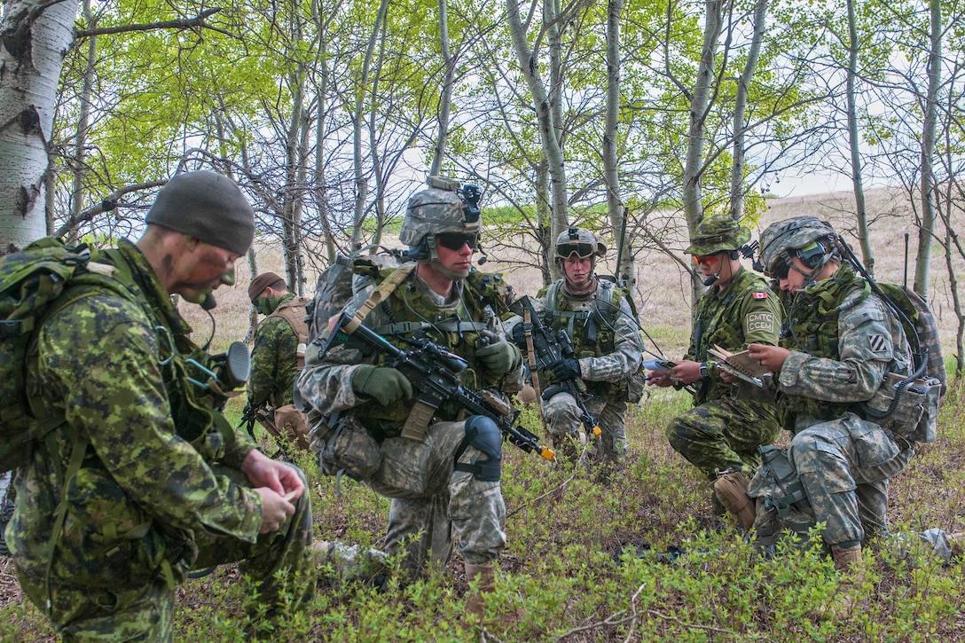 U.S. and Canadian soldiers prepare for an assault on an opposing forces’ location during air assault training as part of exercise Maple Resolve 2015 at Camp Dundurn, Saskatchewan, Canada, May 14, 2015. The Canadian soldiers are assigned to the 3rd Battalion, Princess Patricia's Canadian Light Infantry.