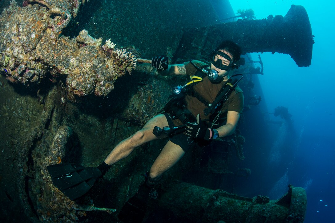 U.S. Coast Guard Lt. Sean Kim surveys a sunken ship during exercise Eager Lion 2015 in the Gulf of Aqaba, Jordan, May 15, 2015.
