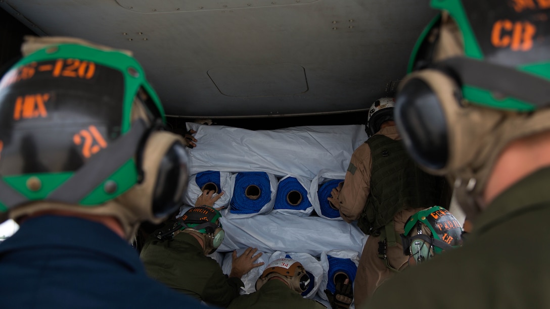 U.S. Service members from Joint Task Force 505 load relief supplies from Samaritan’s Purse International Relief Organization onto a U.S. Marine Corps MV-22 Osprey at Tribhuvan International Airport, Kathmandu, Nepal, May 16. JTF 505 along with other multinational forces and humanitarian relief organizations are currently in Nepal providing aid after a 7.8 magnitude earthquake struck the country, April 25 and a 7.3 earthquake on May 12. At Nepal’s request the U.S. government ordered JTF 505 to provide unique capabilities to assist Nepal.