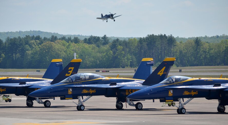 Nearly 400,000 spectators came to Westover Air Reserve Base to watch the 2015 Great New England Air Show, boasting more than two dozen current and vintage military aircraft. Aerial demonstration teams included the U.S. Navy Blue Angels, Canadian Snowbirds, U.S. Army’s Golden Knights parachuting team, F-22 demo team, Geico Skytypers, and Canadian CF-18 team. (U.S. Air Force photo/SSgt. Kelly Goonan)