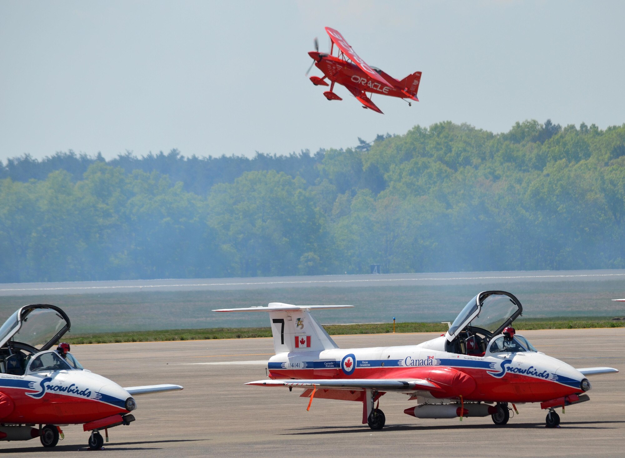 Nearly 400,000 spectators came to Westover Air Reserve Base to watch the 2015 Great New England Air Show, boasting more than two dozen current and vintage military aircraft. Aerial demonstration teams included the U.S. Navy Blue Angels, Canadian Snowbirds, U.S. Army’s Golden Knights parachuting team, F-22 demo team, Geico Skytypers, and Canadian CF-18 team. (U.S. Air Force photo/SSgt. Kelly Goonan)