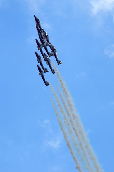Nearly 400,000 spectators came to Westover Air Reserve Base to watch the 2015 Great New England Air Show, boasting more than two dozen current and vintage military aircraft. Aerial demonstration teams included the U.S. Navy Blue Angels, Canadian Snowbirds, U.S. Army’s Golden Knights parachuting team, F-22 demo team, Geico Skytypers, and Canadian CF-18 team. (U.S. Air Force photo/SSgt. Kelly Goonan)
