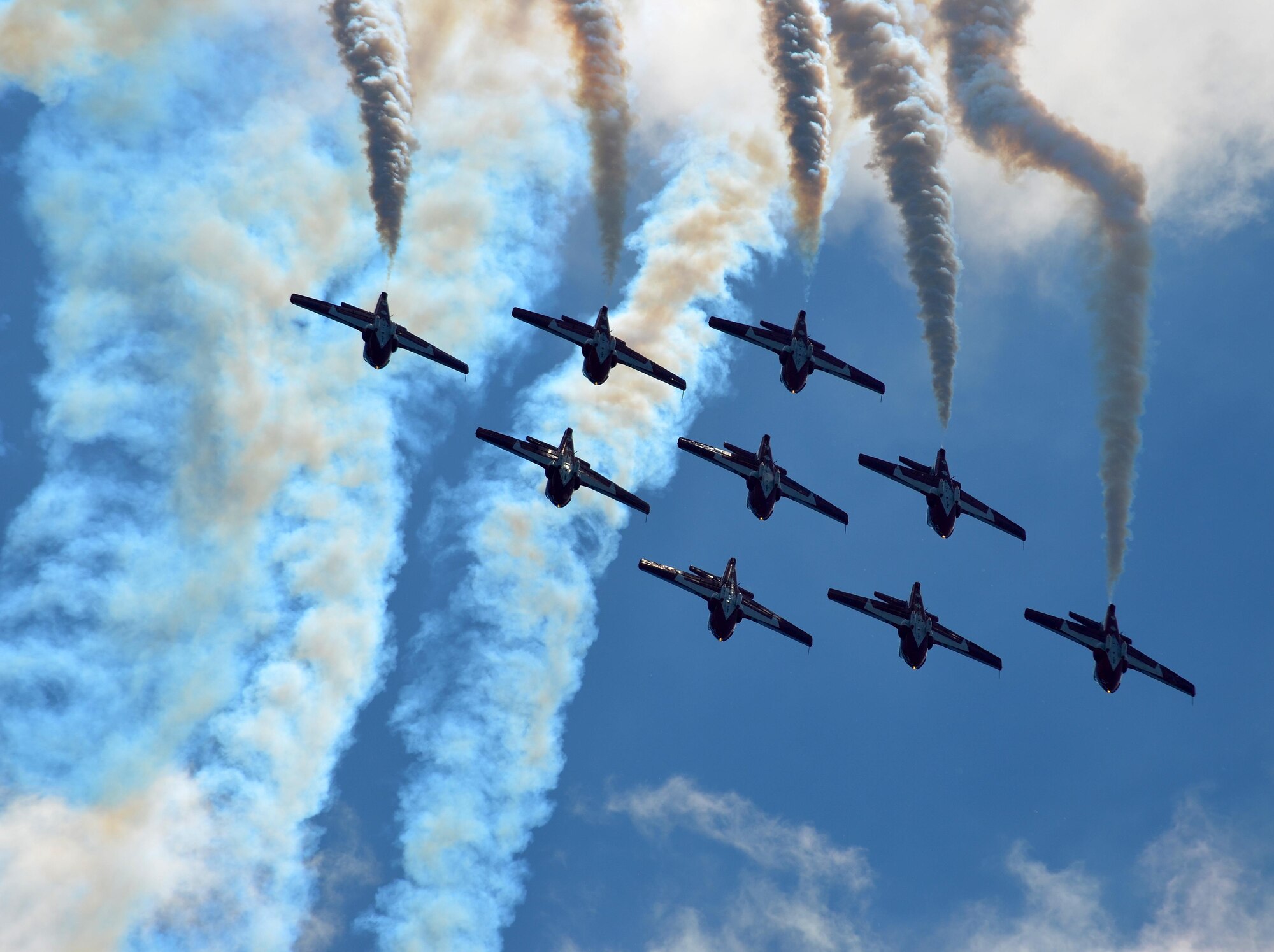 Nearly 400,000 spectators came to Westover Air Reserve Base to watch the 2015 Great New England Air Show, boasting more than two dozen current and vintage military aircraft. Aerial demonstration teams included the U.S. Navy Blue Angels, Canadian Snowbirds, U.S. Army’s Golden Knights parachuting team, F-22 demo team, Geico Skytypers, and Canadian CF-18 team. (U.S. Air Force photo/SSgt. Kelly Goonan)