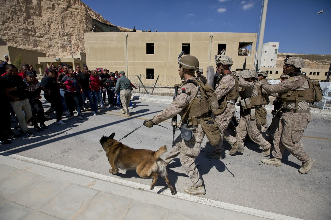 U.S. Marines with India Company, 3rd Battalion, 7th Marine Regiment, Special Purpose Marine Air-Ground Task Force-Crisis Response, Central Command, perform riot control techniques during a non-combatant evacuation operation as part of Exercise Eager Lion at the King Abdullah Special Operations Training Center in Amman, Jordan, May 15, 2015. Eager Lion is a recurring, multinational exercise designed to strengthen military-to-military relationships, increase interoperability between partner nations, and enhance regional security and stability.