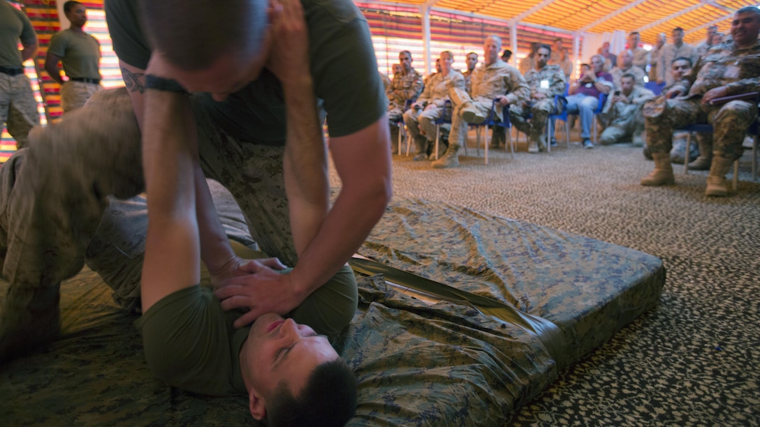 U.S. Marine Corps Martial Arts Instructors conduct a demonstration of the U.S. Marine Corps Martial Arts Program during a Non-Commissioned Officers leadership exchange on Camp Titin, Jordan, during Exercise Eager Lion, May 14, 2015.  Eager Lion is a recurring multinational exercise designed to strengthen military-to-military relationships, increase interoperability between partner nations, and enhance regional security and stability.