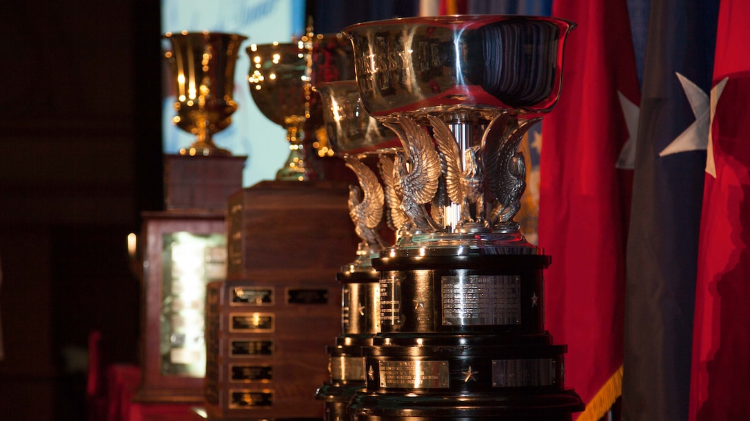 Trophies are displayed on a table during the 2015 Armed Forces Food service Awards Dinner, May 15, at the Sheraton Chicago Hotel in Chicago. The National Restaurant Association hosted the event to honor service members from all branches of the military for their excellence in food services.
