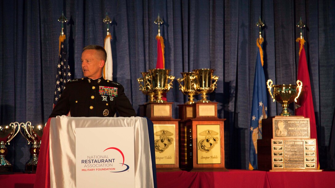 Lieutenant Gen. William M. Faulkner speaks at the 2015 Armed Forces Food Service Awards Dinner, May 15, at the Sheraton Chicago Hotel in Chicago. Service members from across the Department of Defense we're honored for their excellence in food services.