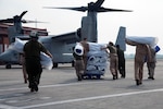 KATHMANDU, Nepal (May 16, 2015) - U.S. Service members from Joint Task Force 505 (JTF 505) load relief supplies from Samaritan's Purse International Relief Organization onto a U.S. Marine Corps MV-22 Osprey at Tribhuvan International Airport.  JTF 505 along with other multinational forces and humanitarian relief organizations are currently in Nepal providing aid after a 7.8 magnitude earthquake struck the country, April 25 and a 7.3 earthquake on May 12. At Nepal's request the U.S. government ordered JTF 505 to provide unique capabilities to assist Nepal.