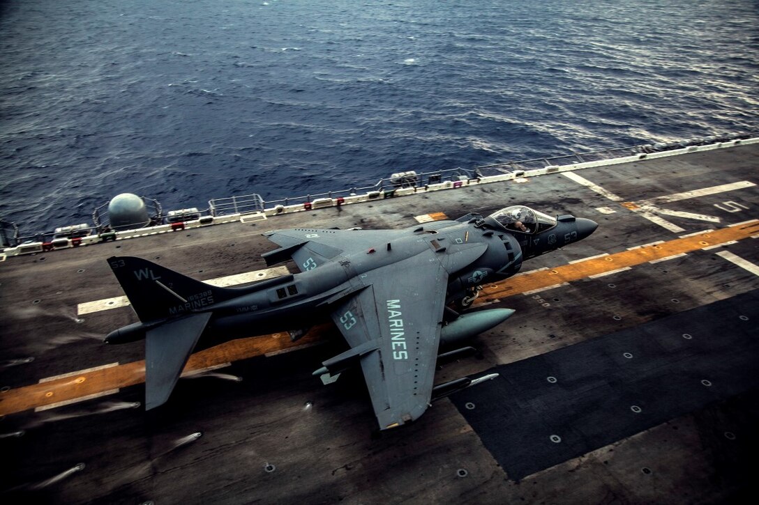 An AV-8B Harrier with Marine Medium TIltrotor Squadron 161 (Reinforced), 15th Marine Expeditionary Unit, launches off the flight deck of the USS Essex (LDH 2) at sea in the Pacific Ocean, May 13, 2015. The 15th MEU’s air combat element is launched and recovered Harriers to maintain readiness and proficiency during their seven-month deployment.  (U.S. Marine Corps photo by Cpl. Elize McKelvey/Released)