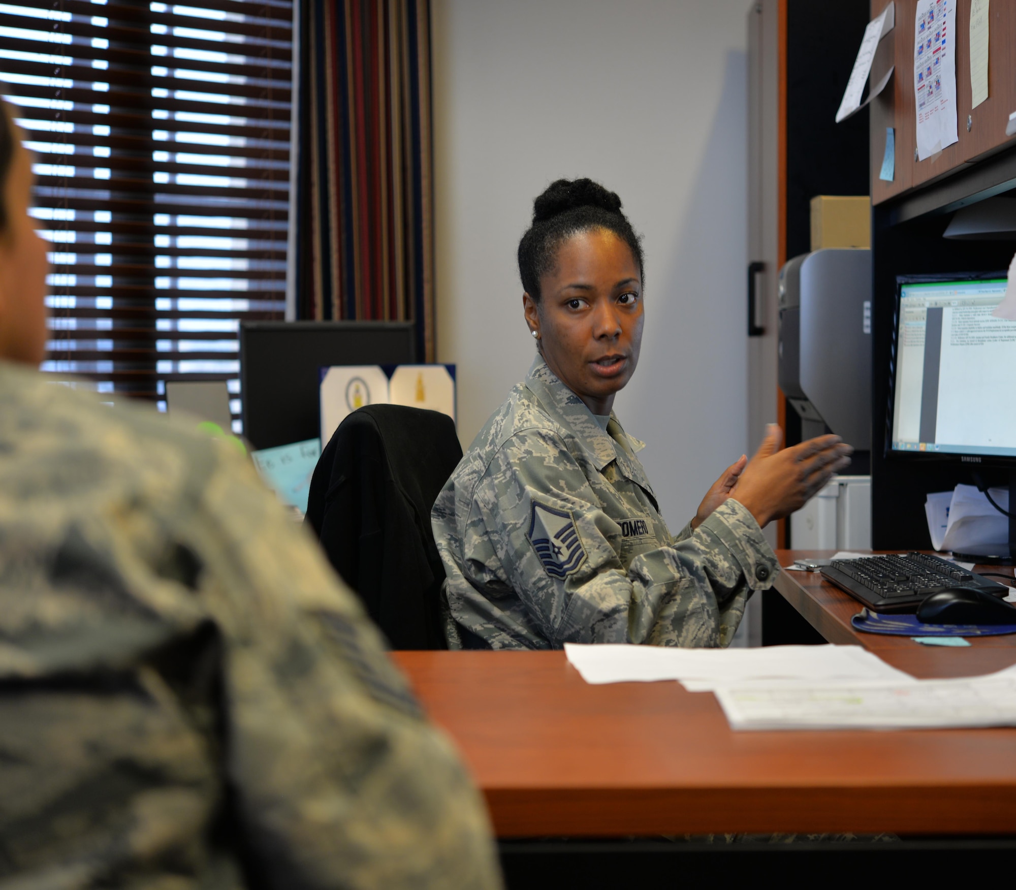 Master Sgt. Sanelle Romero, Joint Base San Antonio-Randolph Career Assistance Advisor, conducts a counseling session with an Airman about a special duty assignment. Air Force CAAs are charged with scheduling and facilitating professional development seminars and courses for Airmen at all levels, and being advisors on retention, pay and benefits programs. Career Assistance Advisors are one of 10 special duties identified as Developmental Special Duties. (U.S. Air Force photo by Tech. Sgt. Beth Anschutz)