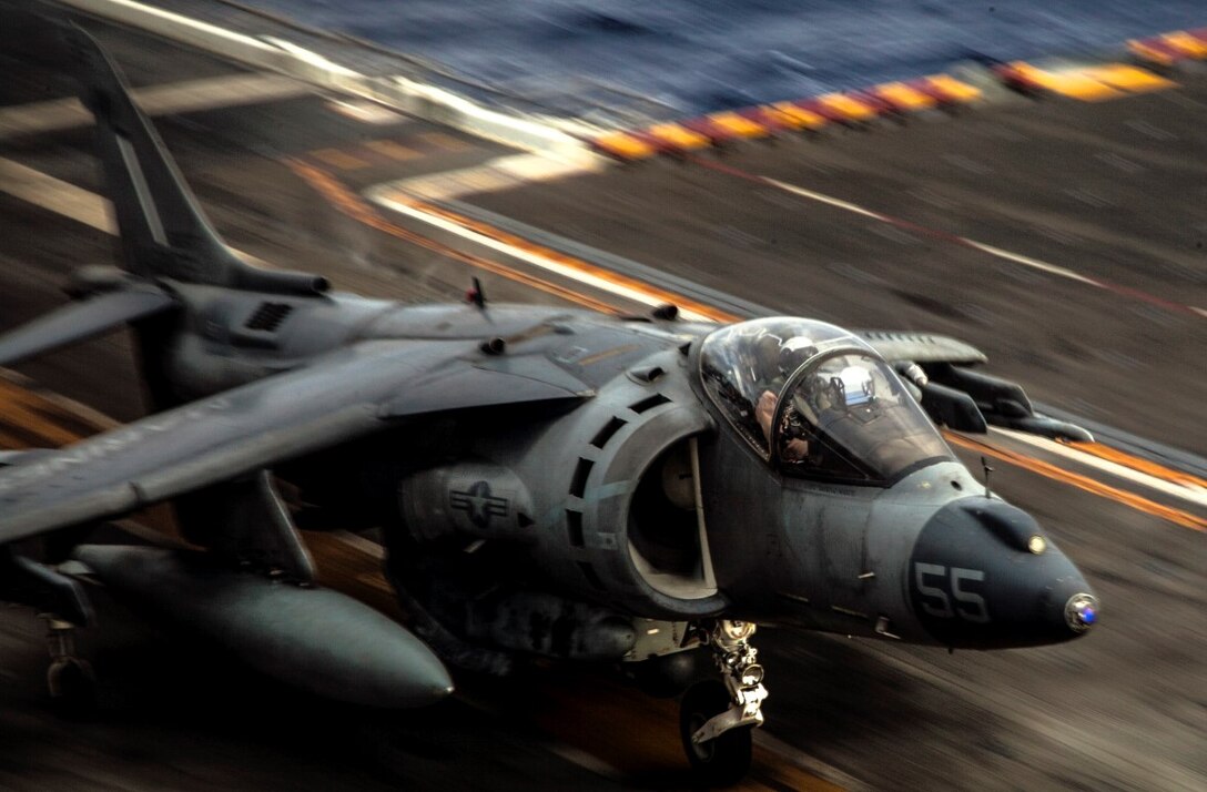 An AV-8B Harrier with Marine Medium TIltrotor Squadron 161 (Reinforced), 15th Marine Expeditionary Unit, launches off the flight deck of the USS Essex at sea in the Pacific Ocean, May 13, 2015. 15th MEU’s air combat element launched and recovered it's Harriers to maintain readiness and proficiency during their seven-month deployment. 