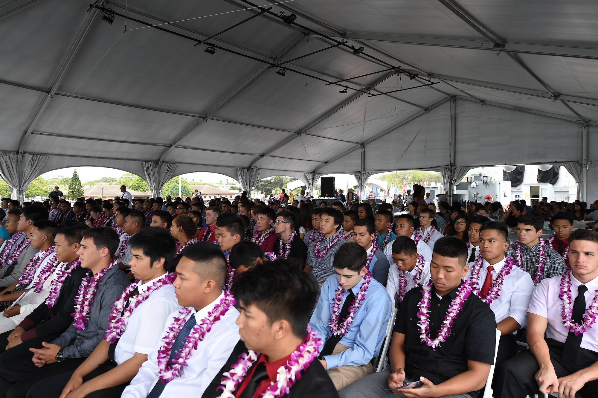 High school seniors planning to join the U.S. Armed Forces were honored by the local community during the Our Community Salutes Recognition Ceremony at the USS Battleship Missouri Memorial on Ford Island, Hawaii, May 17, 2015. Our Community Salutes is a community-based initiative to recognize and honor graduating high school seniors who plan to join the Armed Forces after graduation. (U.S. Air Force photo by Tech. Sgt. Aaron Oelrich/Released) 