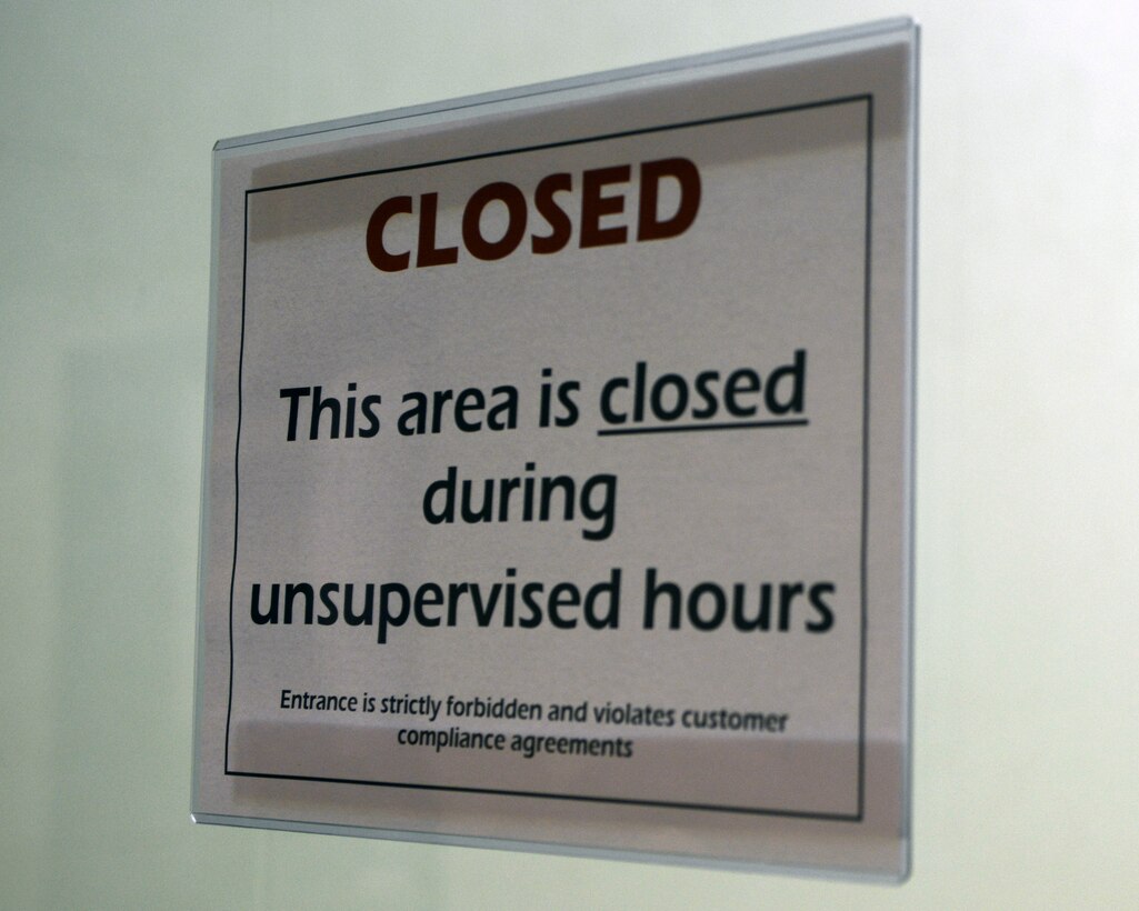 The Dyess Fitness Center has signs displayed on areas that are closed after normal hours of operation.  The fitness center recently started a 24-hour fitness program for Team Dyess to exercise at their own convenience by utilizing the cardio, aerobic, spin and weight rooms. (U.S. Air Force photo by Airman 1st Class Kedesha Pennant/Released)