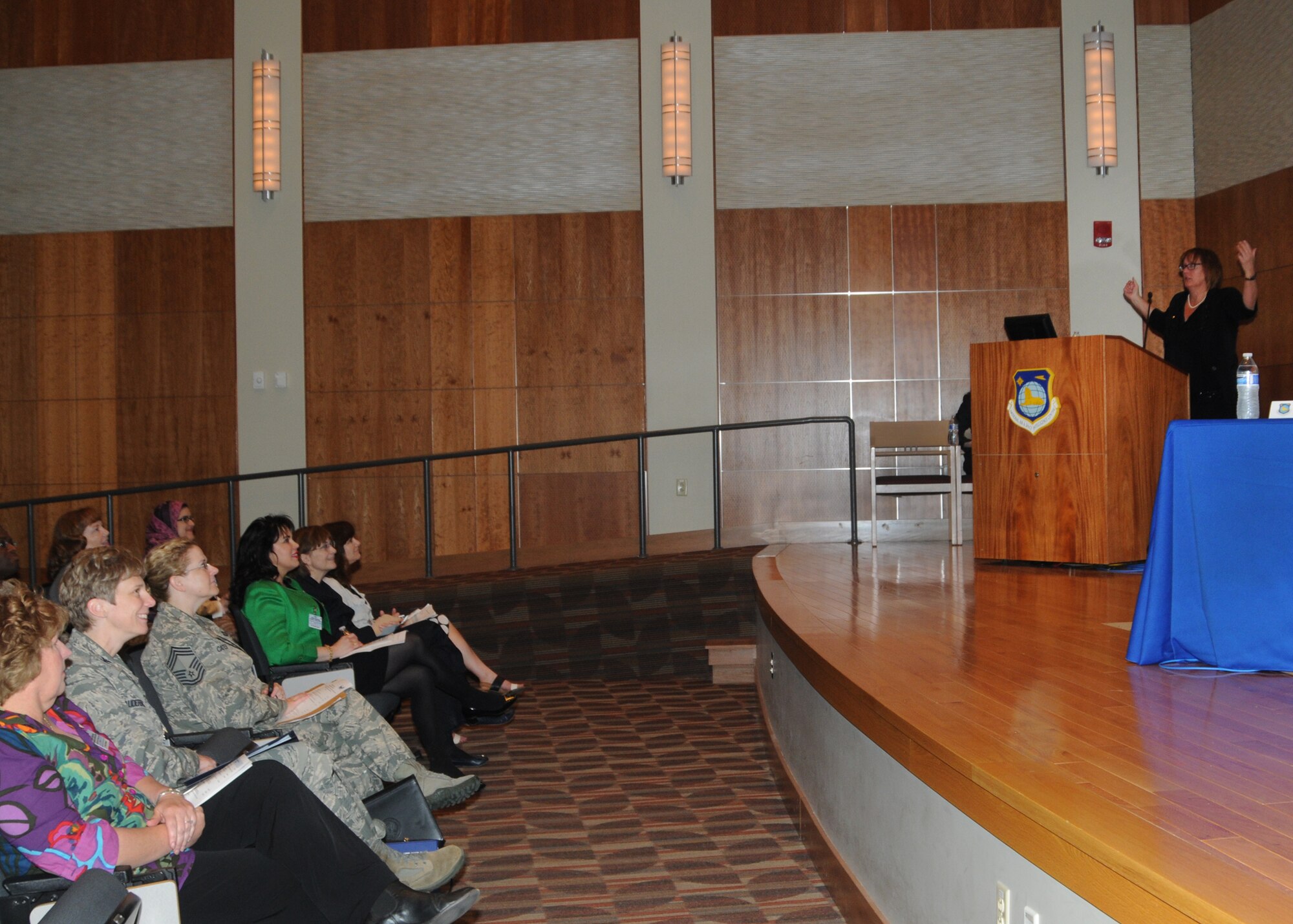 WRIGHT-PATTERSON AIR FORCE BASE, Ohio – Dr. Eileen Preisser (right) speaks at the Women’s Career Panel at the National Air and Space Intelligence Center (NASIC), Wednesday, May 6, 2015. Dr. Preisser was the event’s keynote speaker and spoke about finding and creating meaning for women in the workplace. (U.S. Air Force photo by Staff Sgt. Marianne E. Lane)