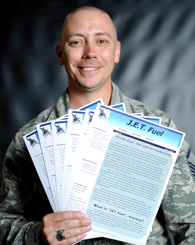 U.S. Air Force Master Sgt. Brian Potvin, Headquarters Air Combat Command Common Data Link Systems deputy chief, writes a monthly newsletter called Judgment, Experience, Training Fuel, or J.E.T. Fuel for all Airmen as a way for mentoring at Joint base Langley-Eustis, Va. After spending over 20 years in the Air Force, Potvin wants to share his experiences with Airmen of all ranks. (U.S. Air Force photo by Senior Airman Breonna Veal)