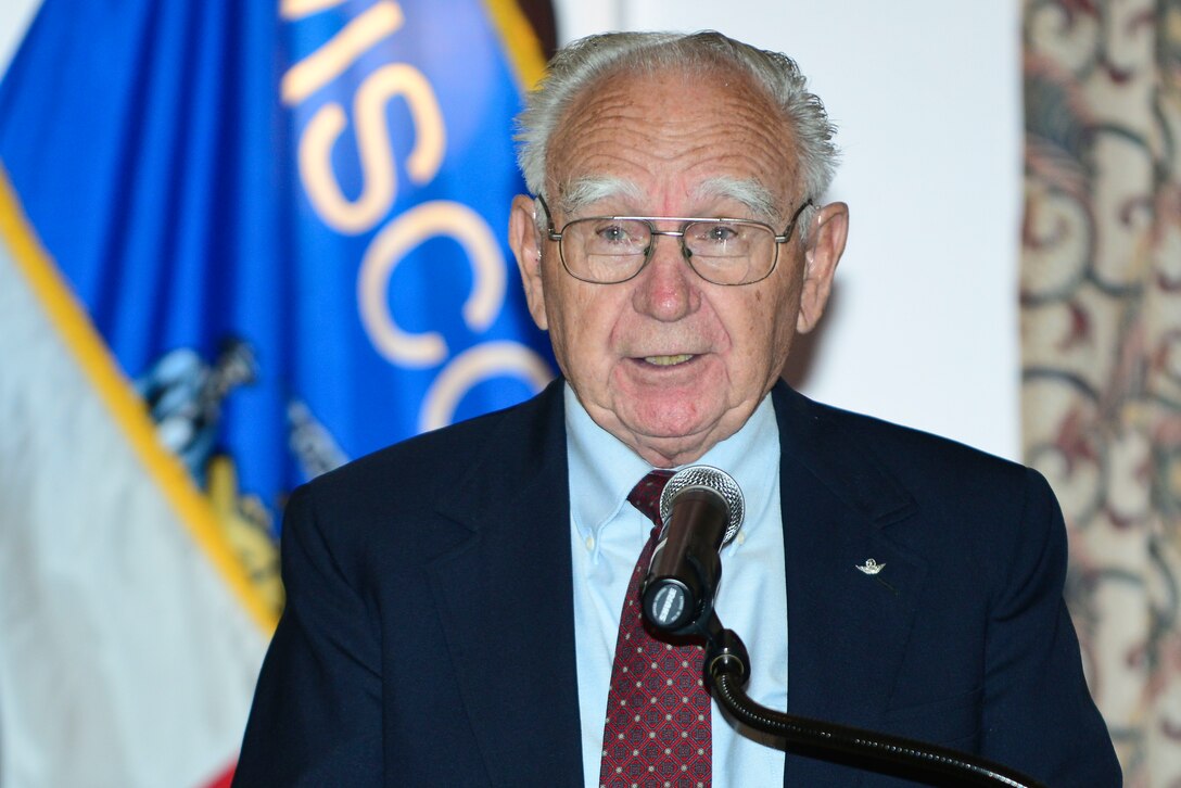 U.S. Army Retired Col. Emmett Knight, tells part of his story at the 50th Vietnam War Commemoration luncheon at Fort Eustis, Va., May 15, 5015.  Knight helped plan and lead thirty helicopters in the first heliborne combat assault of the war. (U.S. Air Force photo by Senior Airman Kimberly Nagle/Released)  