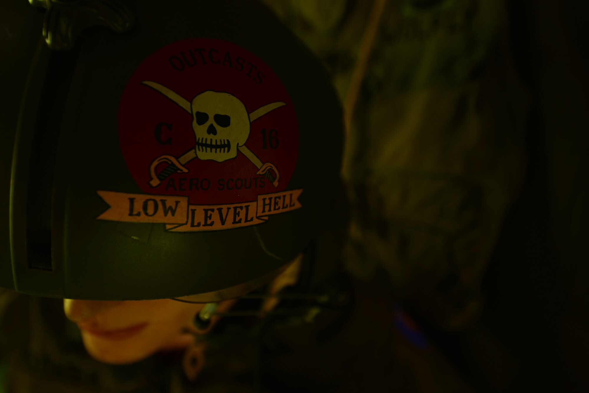 U.S. military Vietnam Conflict-era memorabilia is displayed at the Joint Base Langley-Eustis Vietnam Commemoration at Fort Eustis, Va., May 16, 2015. The 16th Cavalry wore items that said “Low Level Hell” because their helicopter, the OH-6 Cayuse, flew low and fast. (U.S. Air Force photo by Staff Sgt. Natasha Stannard/Released)