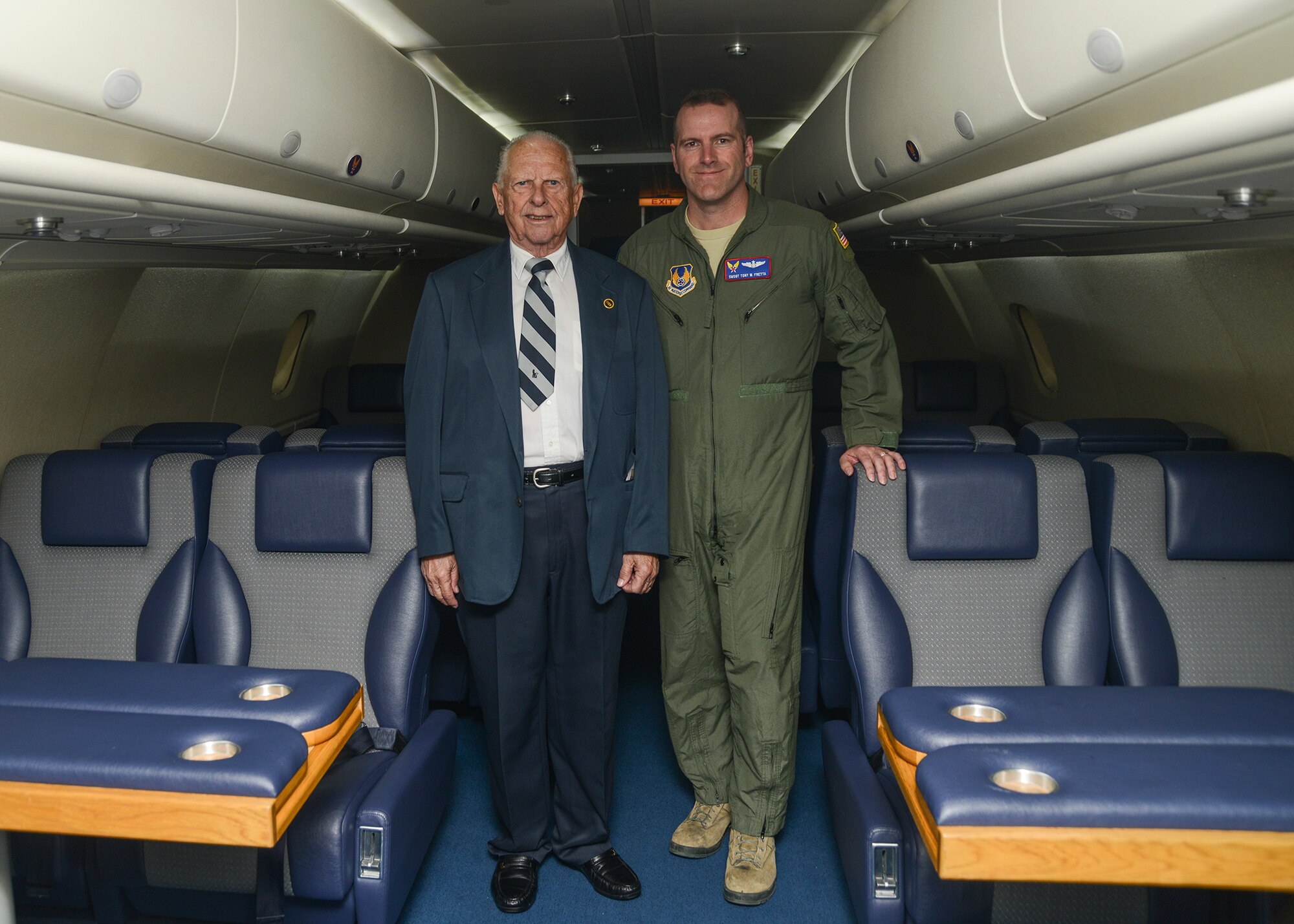 Fritz Baker, a contractor who worked on a Speckled Trout from 1987 to 1996 took a walk through the Trout following the inactivation ceremony with Senior Master Sgt. Tony Fretta, 412th Flight Test Squadron superintendent. (U.S. Air Force photo by Rebecca Amber)