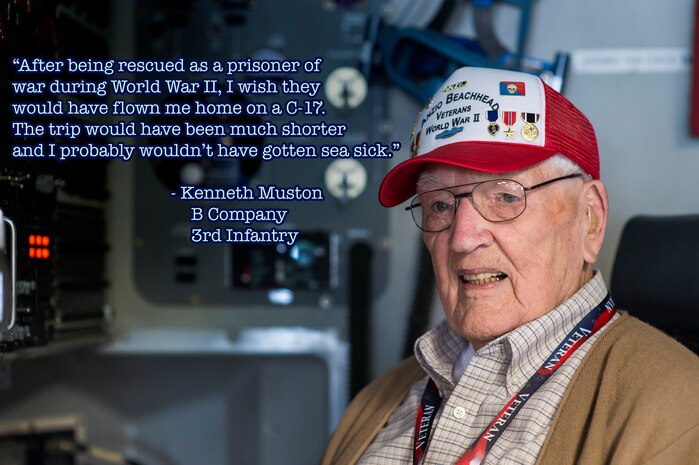 Kenneth Muston, an Anzio Beachhead Invasion veteran poses for a photo in the loadmaster seat on a C-17 Globemaster III, May 15, 2015 at Joint Base Charleston, S.C. during a tour of the installation. More than 20 veterans from the event were in Charleston to celebrate what could be their last reunion event together and to share their stories with the servicemembers stationed here. Muston, who is 91-years-old was a private first class from B Company 3rd Infantry Division. The invasion of Anzio, near the outskirts of Rome, began Jan. 22, 1944, lasted four months and took the lives of nearly 2,800 Americans. (U.S. Air Force graphic/Senior Airman Jared Trimarchi) 