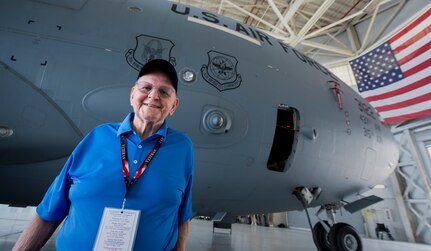 Joe Sachen, smiles in front of a C-17 Globemaster III, May 15, 2015 at Joint Base Charleston, S.C. during a tour of the installation. More than 20 Anzio veterans were in Charleston to celebrate what could be their last reunion event together and to share their stories with the servicemembers stationed here. Sachen who is 92-years-old was a member of the 81st Reconnaissance Squadron 1st Armored Division. The invasion of Anzio, near the outskirts of Rome, began Jan. 22, 1944, lasted four months and took the lives of nearly 2,800 Americans . (U.S. Air Force photo/Senior Airman Jared Trimarchi)