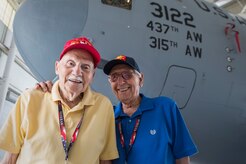 Carl Furtado and Jack Oliver grin in front of a C-17 Globemaster III, May 15, 2015 at Joint Base Charleston, S.C. during a tour of the installation. More than 20 Anzio veterans were in Charleston to celebrate what could be their last reunion event together and to share their stories with the servicemembers stationed here. Furtado is 95-years-old and was a member of the 36th Combat Engineer 6th Company. Oliver is 94-years-old and was a member of an amphibious assault ship Landing Ship Medium 488. The invasion of Anzio, near the outskirts of Rome, began Jan. 22, 1944, lasted four months and took the lives of nearly 2,800 Americans . (U.S. Air Force photo/Senior Airman Jared Trimarchi) 