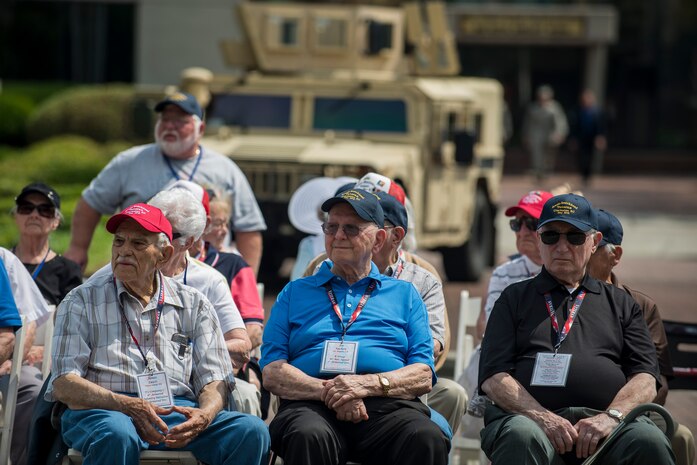 Veterans of the Anzio Beachhead Invasion of 1944, attend a police week retreat ceremony, May 15, 2015, at Joint Base Charleston, S.C. during a tour of the installation. The veterans were in Charleston to celebrate what could be their last reunion event together and to share their stories with the servicemembers stationed here. The invasion of Anzio, near the outskirts of Rome, began Jan. 22, 1944, lasted four months and took the lives of nearly 2,800 Americans . (U.S. Air Force photo/Senior Airman Jared Trimarchi)
