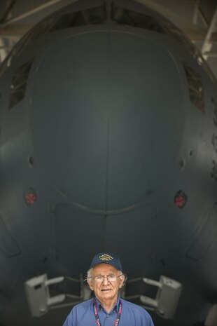 Joe Salonia, an Anzio Beachhead Invasion veteran poses for a photo in front of a C-17 Globemaster III, May 15, 2015 at Joint Base Charleston, S.C. during a tour of the installation. More than 20 veterans from the event were in Charleston to celebrate what could be their last reunion event together and to share their stories with the servicemembers stationed here. Salonia was a private of the 361st Regiment 91st Division. The invasion of Anzio, near the outskirts of Rome, began Jan. 22, 1944, lasted four months and took the lives of nearly 2,800 Americans. (U.S. Air Force photo/Senior Airman Jared Trimarchi) 