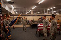 Airman 1st Class Eric Merriman, 5th Logistic Readiness Squadron vehicle maintainer, instructs Honor Guard trainees at Minot Air Force Base, N.D., May 14, 2015. Airmen go through Honor Guard training in an effort to represent the Air Force at ceremonies and events. (U.S. Air Force photo/Airman 1st Class Christian Sullivan)