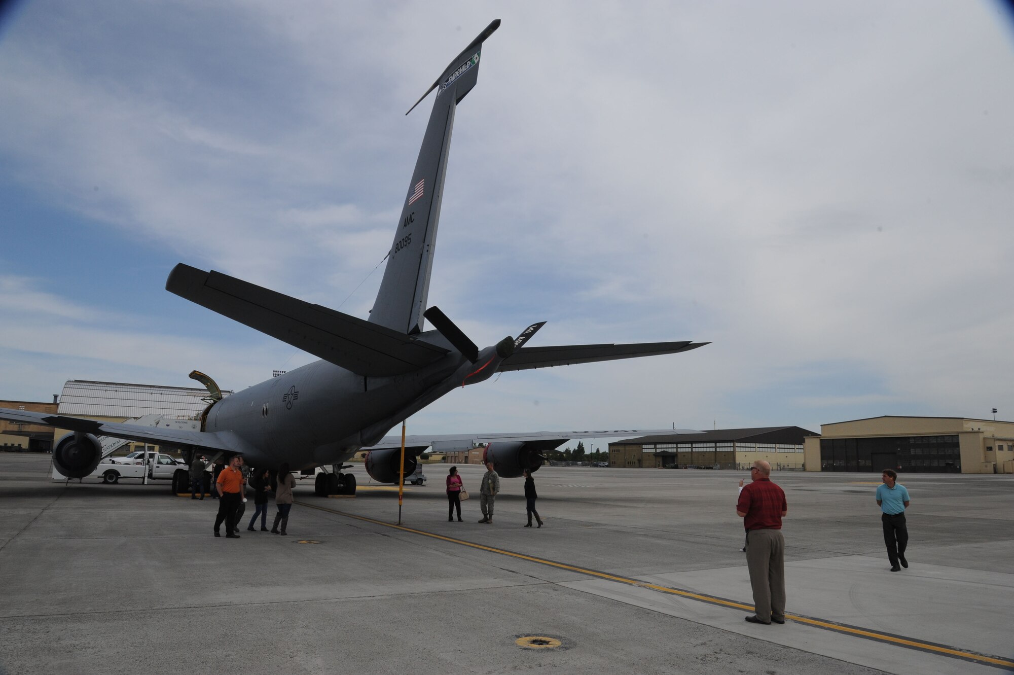 Airmen from the 93rd Air Refueling Squadron show a KC-135 Stratotanker aircraft to touring members of Leadership Spokane at Fairchild Air Force Base, Wash., May 15, 2015. Members of the local organization toured the base to grasp a fuller picture of their community. (U.S. Air Force photo/Senior Airman Sam Fogleman)
