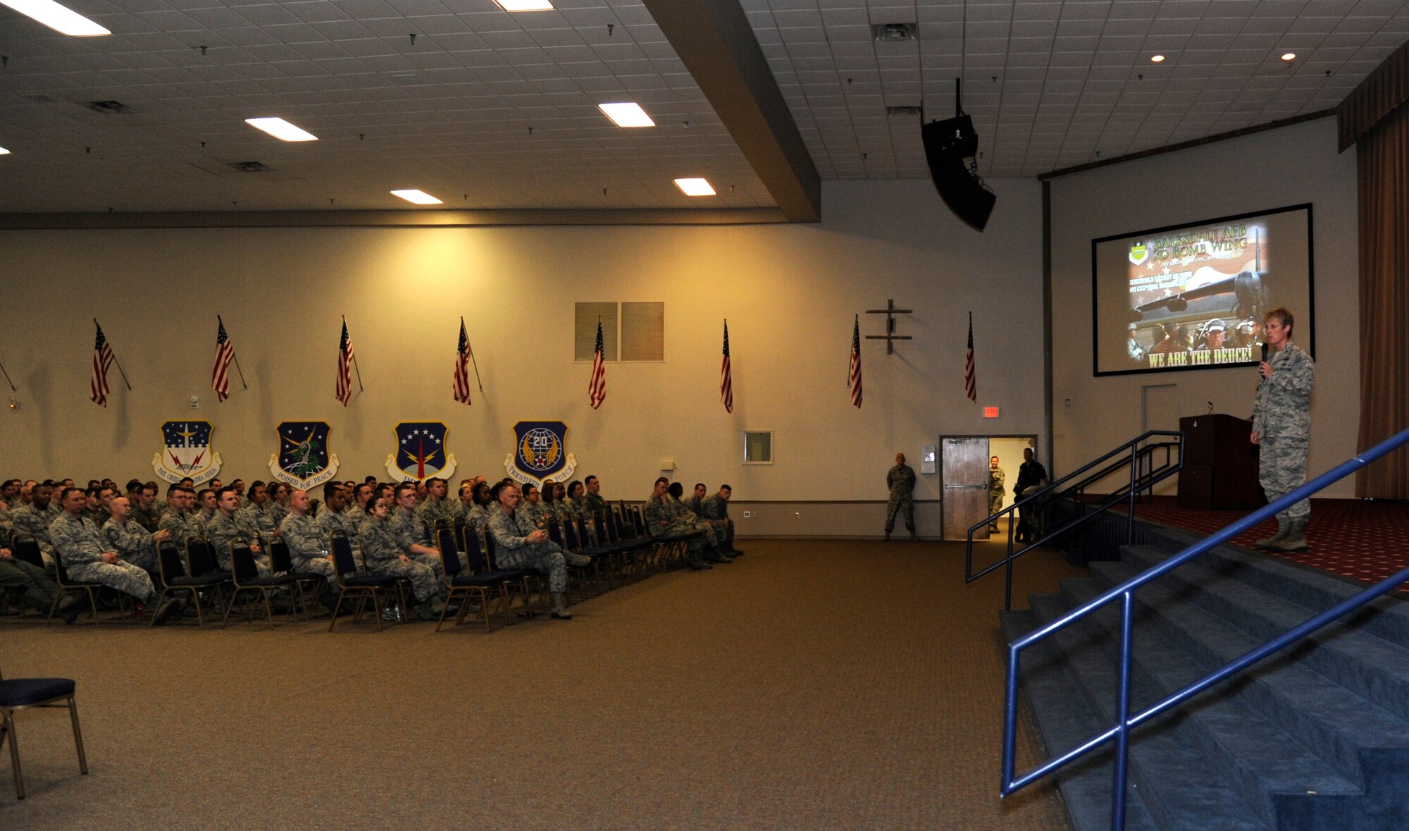 Col. Kristin Goodwin, 2nd Bomb Wing commander, speaks with Airmen during a Wing Safety Day briefing on Barksdale Air Force Base, Louisiana, May 15, 2015. Goodwin expressed how proud she is of Barksdale Airmen, how important the bomber mission is and how critical it is to make safe decisions. (U.S. Air Force photo/Senior Airman Joseph A. Pagán Jr.)