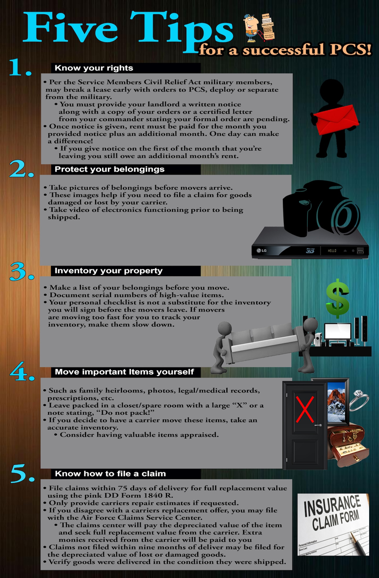 PETERSON AIR FORCE BASE, Colo. – As you prepare for the next PCS, here are five tips to a successful move. (U.S. Air Force graphic by Robb Lingley) 