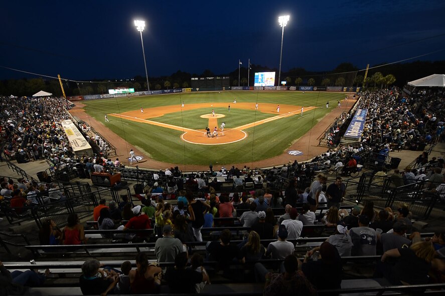 A a military appreciation baseball game between the Charleston RiverDogs and the Greenville Drive is played at Joseph P. Riley Jr. Ballpark, Charleston, S.C., May 14, 2015. Throughout the game, military members were honored by playing games on the field and having a service member throw the last pitch. The RiverDogs lost 4-2. (U.S. Air Force photo by Airman 1st Class Michael Cossaboom/Released)
