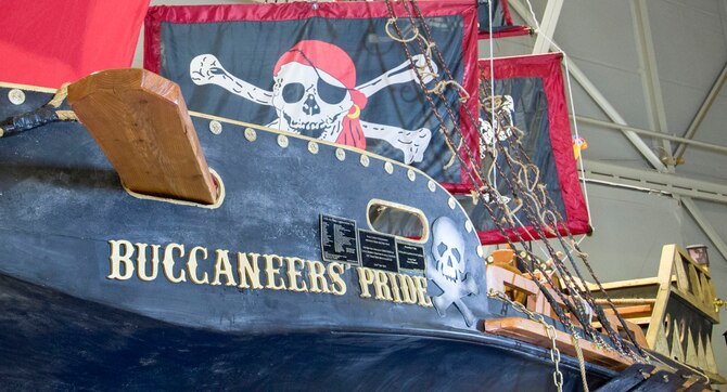 A large model pirate ship stands at the ready for photo shoots as part of the Peace Carvin V annual celebration at Mountain Home Air Force Base, Idaho, May 15, 2015. The ship is representative of the 428th mascot, the Buccaneers. (U.S. Air Force photo by 2nd LT. Kippun D. Sumner/RELEASED)

