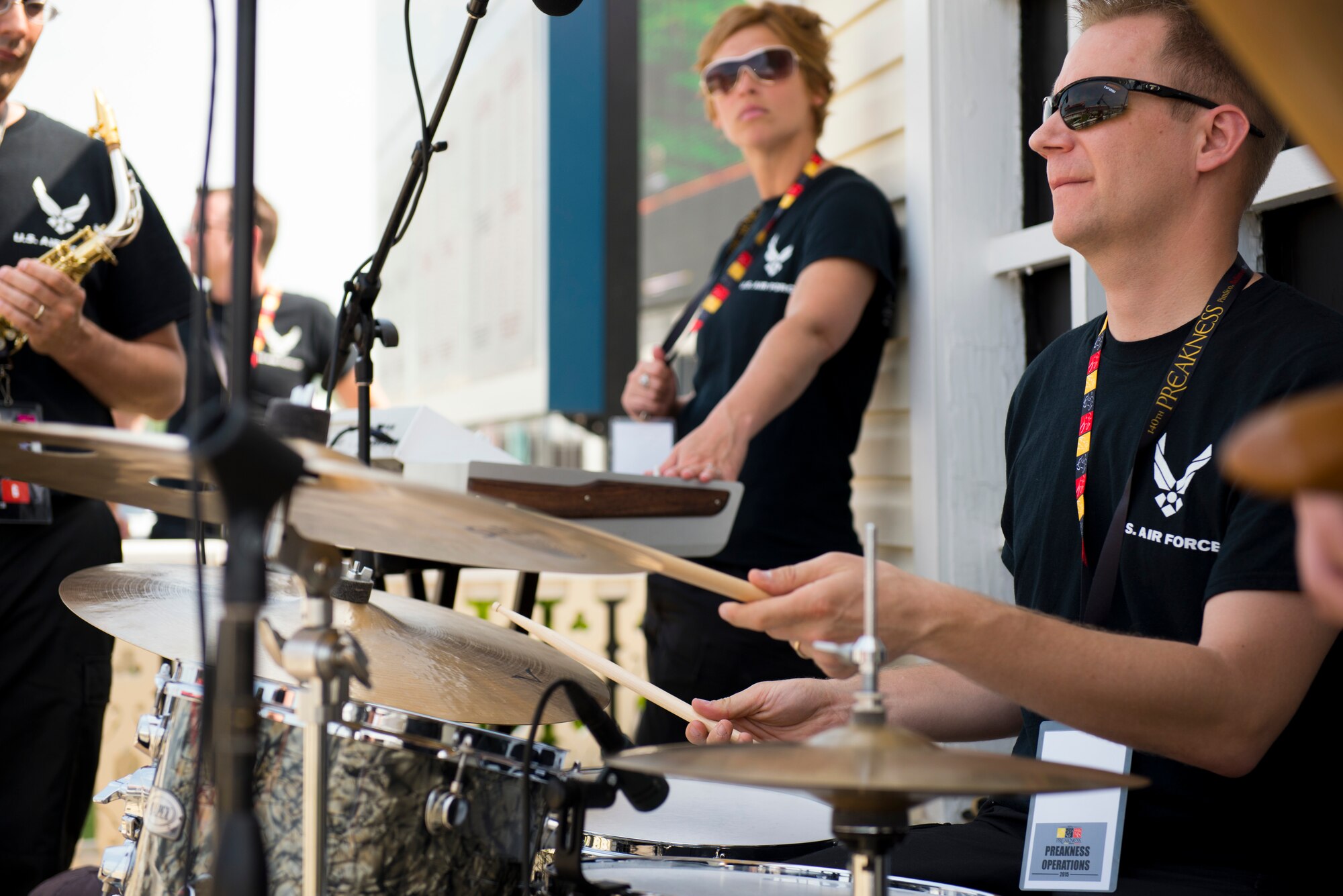 Full Spectrum, the newest ensemble of the Heritage of America Band, do a sound check of “America the Beautiful” at the Preakness Stakes May 16, 2015 in Baltimore, Maryland. The event, which was nationally televised, broke records in attendance by hosting more than 170,000 people.