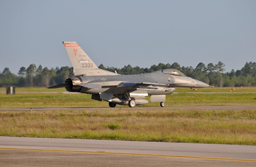 An F-16 Fighting Falcon from the 177th Fighter Wing of the New Jersey Air National Guard taxis to the runway at Tyndall Air Force Base, Fla., May 5, 2015. Unit members from the Atlantic City Air National Guard base deployed to Tyndall for Combat Archer training. (U.S. Air National Guard photo by Master Sgt. Andrew J. Moseley/Released)