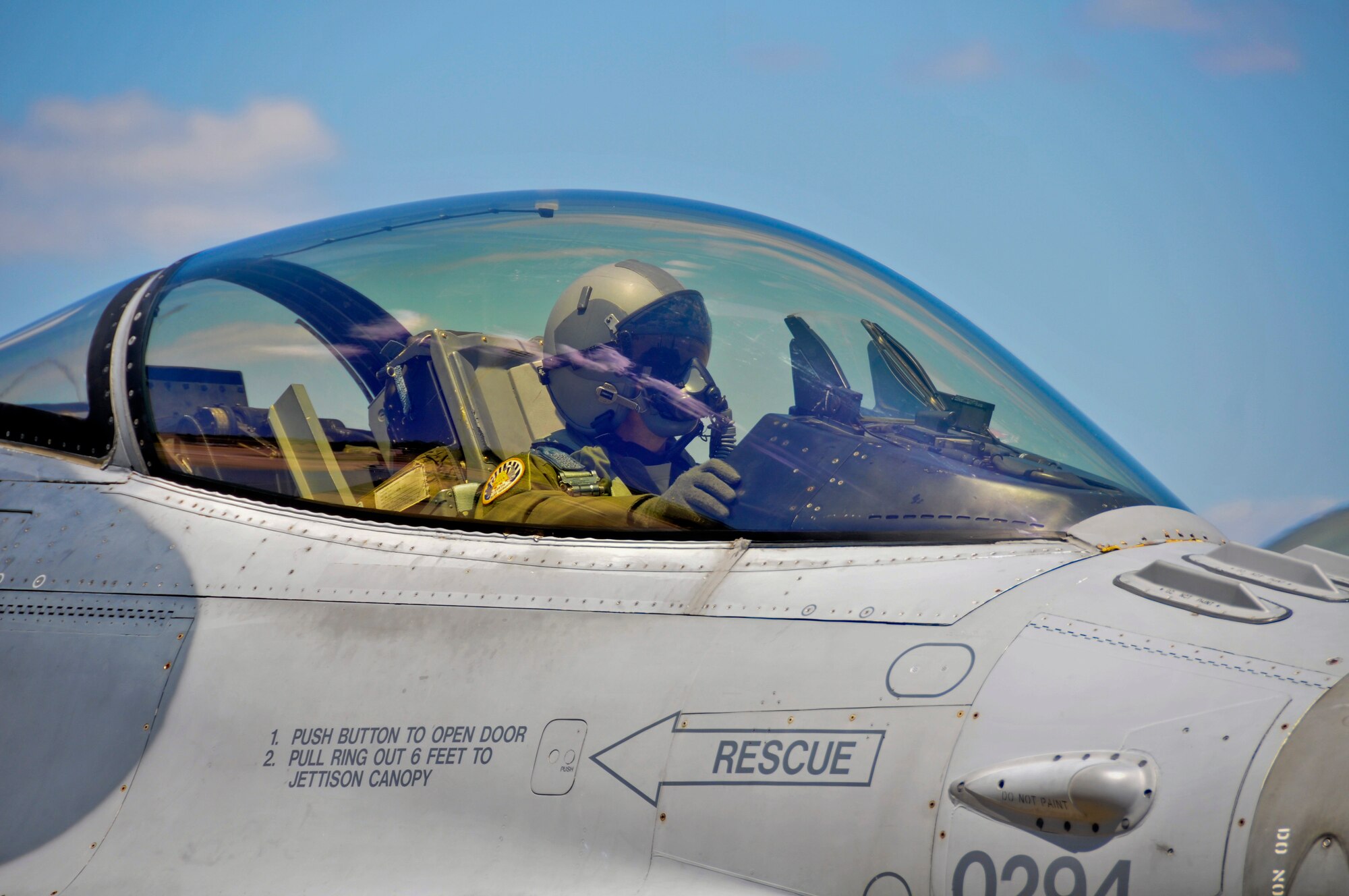 A picture of U.S. Air Force Lt. Col. Neal Snetsky, F-16 pilot with the 177th Fighter Wing, preparing to taxi his Fighting Falcon.