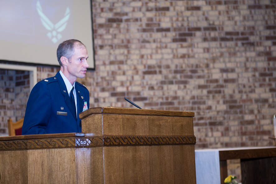 U.S. Air Force Lt. Col. Andrew Resch, 823d Base Defense Squadron commander, speaks at the 2015 National Police Week Memorial Ceremony May 15, 2015, at Moody Air Force Base, Ga. The ceremony took place to recognize fallen security forces members and law enforcement officials. (U.S. Air Force photo by Airman Greg Nash/Released)