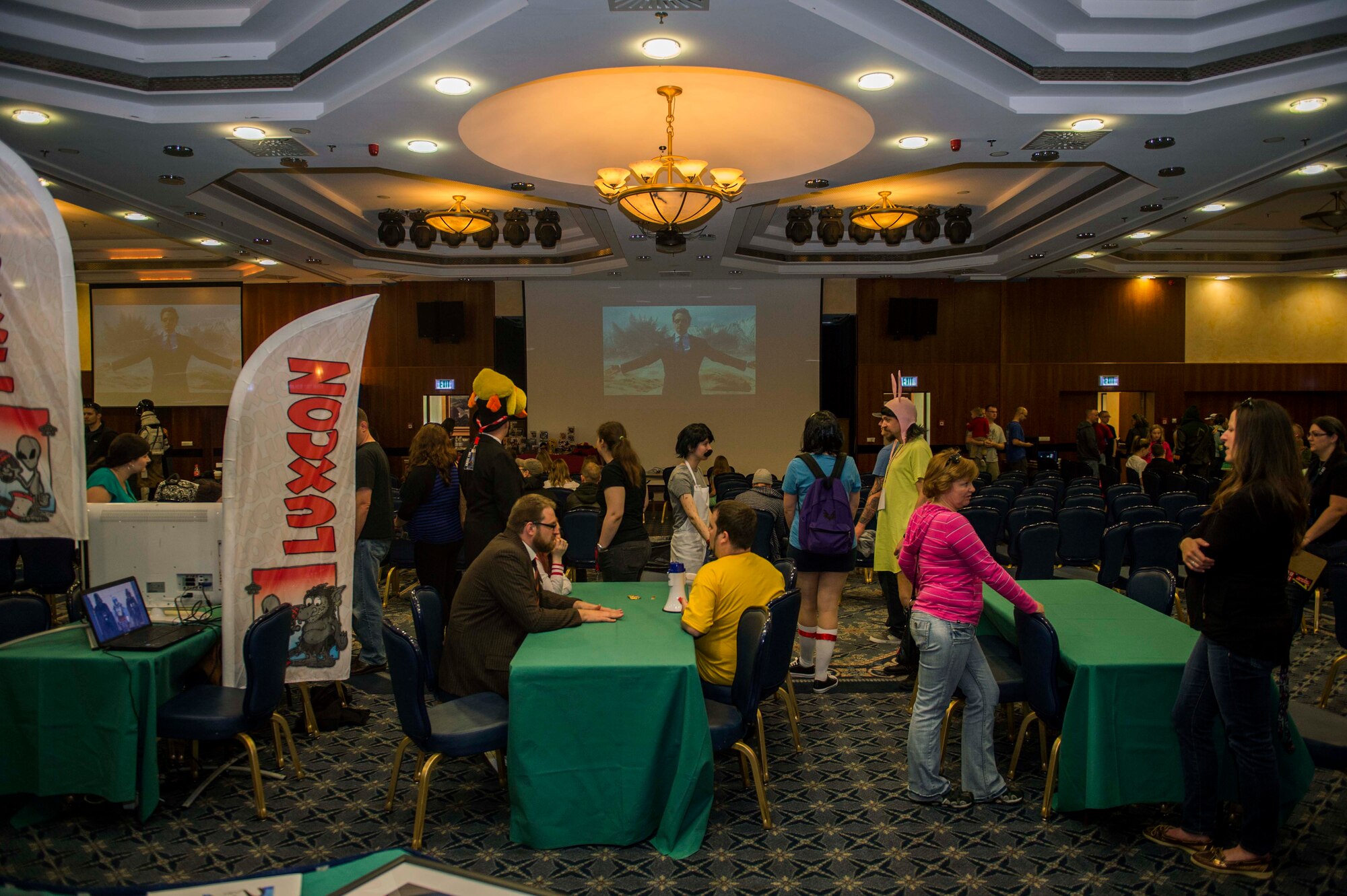 Spangdahlem community members participate during the 2015 Comic Con at Club Eifel on Spangdahlem Air Base, Germany, May 16, 2015. This is Spangdahlem’s third consecutive year hosting the comic-related convention. (U.S. Air Force photo by Airman 1st Class Timothy Kim/Released)