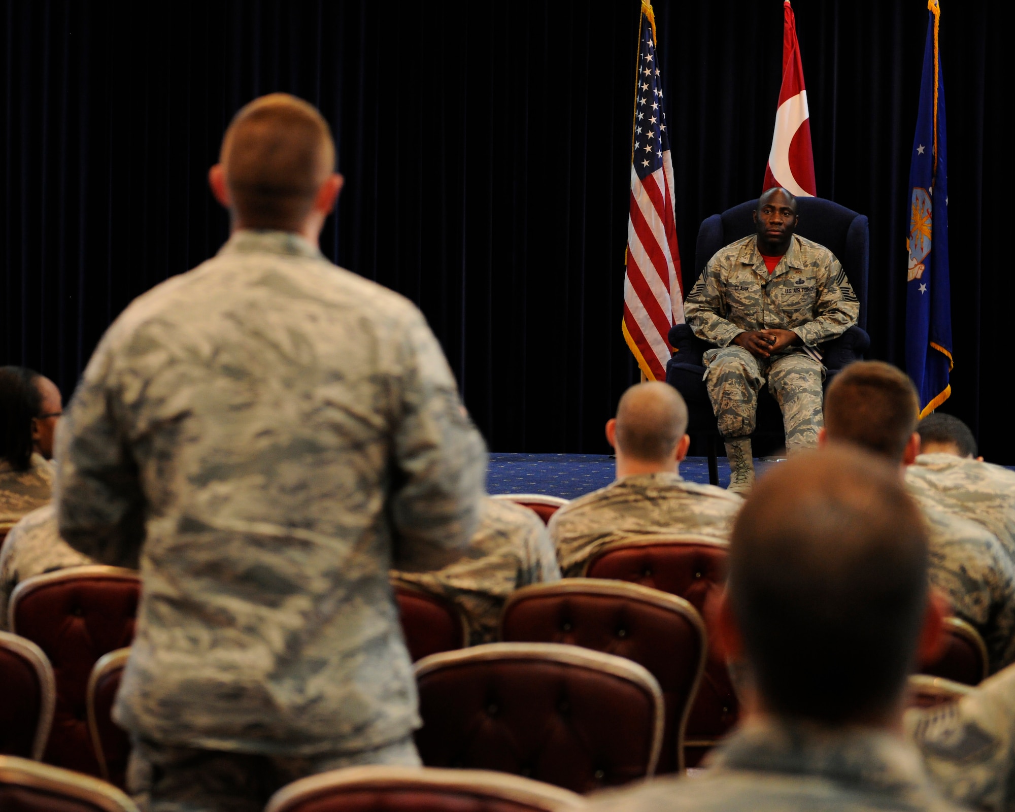 Chief Master Sgt. Vegas Clark, 39th Air Base Wing command chief, answers questions from Airmen attending a professional development seminar May 1, 2015, at Incirlik Air Base, Turkey. Clark held the class as part of the new Hodja University program on Incirlik. (U.S. Air Force photo by Senior Airman Krystal Ardrey/Released)