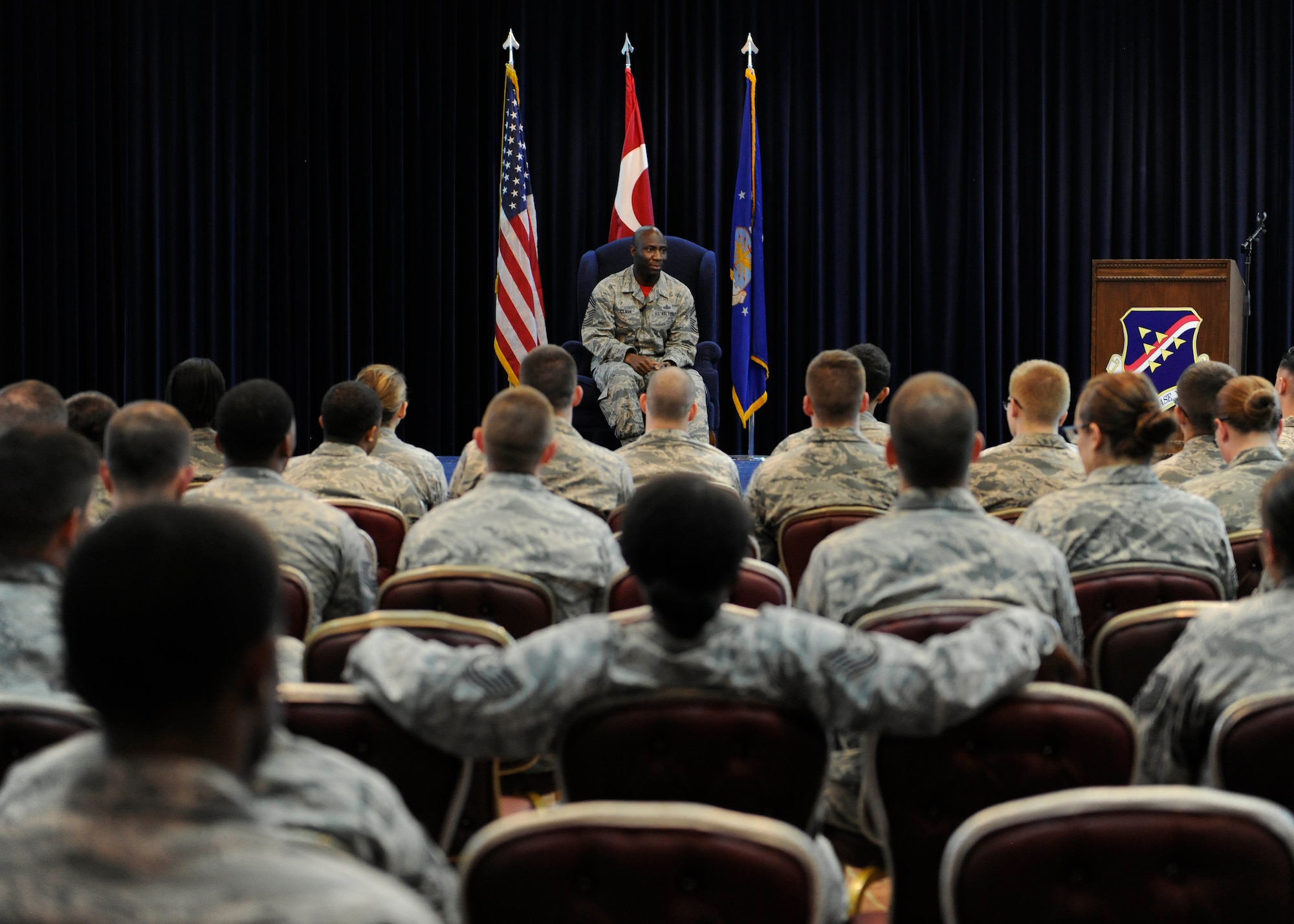 Chief Master Sgt. Vegas Clark, 39th Air Base Wing command chief, speaks with Airmen about career progression and airmanship during a professional development seminar May 1, 2015, at Incirlik Air Base, Turkey. Clark discussed personal and professional development, time management, career broadening duties and mentorship. (U.S. Air Force photo by Senior Airman Krystal Ardrey/Released)