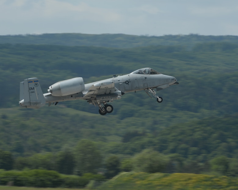 A U.S. Air Force A-10 Thunderbolt II aircraft assigned to the 354th Expeditionary Fighter Squadron takes off from a runway during a theater security package deployment at Sliac Air Base, Slovakia, May 18, 2015. The aircraft deployed to Slovakia in support of Operation Atlantic Resolve to bolster air power capabilities while underscoring the U.S. commitment to European security and stability. (U.S. Air Force photo by Senior Airman Dylan Nuckolls/Released)
