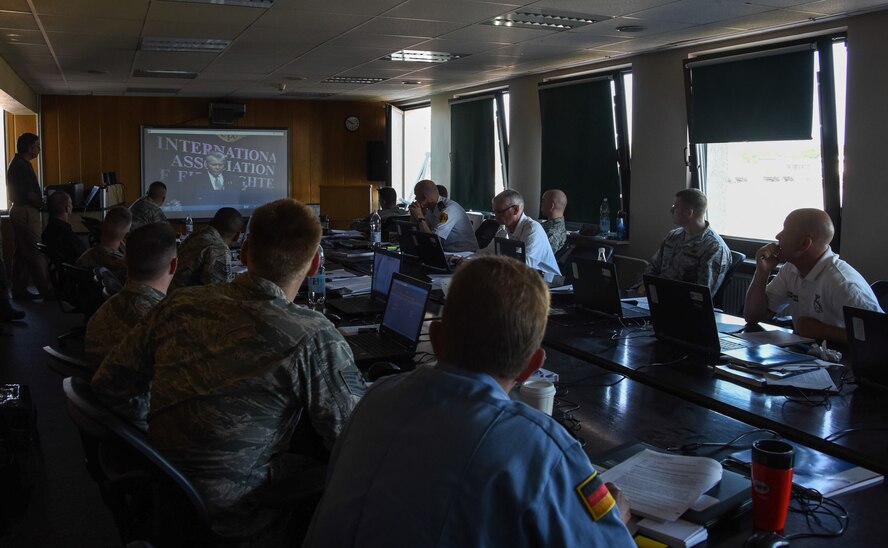 Military and civilian firefighters from across U.S. Air Forces in Europe watch a video on risk management, during a 10-day advanced fire protection course May 13, 2015 at Ramstein Air Base.  The course was designed to prepare mid-level supervisors for the role of assistant chief of operations by teaching human resource management, budgeting and comprehensive emergency management procedures. (U.S. Air Force photo by Staff Sgt. Jonathan Hehnly/Released)
