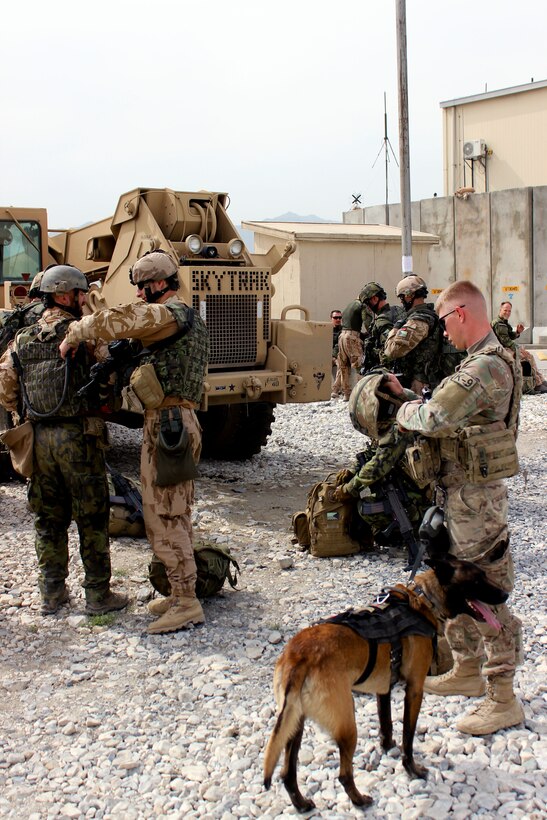 A U.S. soldier with his military working dog and Czech, and Georgian soldiers prepare to embark on a security patrol led by Afghan soldiers in Parwan province, Afghanistan, May 8, 2015.
