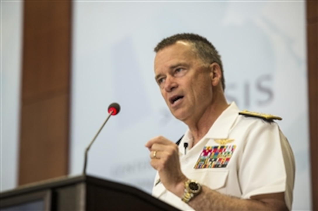 Navy Adm. James A. Winnefeld Jr., vice chairman of the Joint Chiefs of Staff, gives remarks during a conference on the future of missile defense at the Center for Strategic and International Studies in Washington, D.C., May 19, 2015.