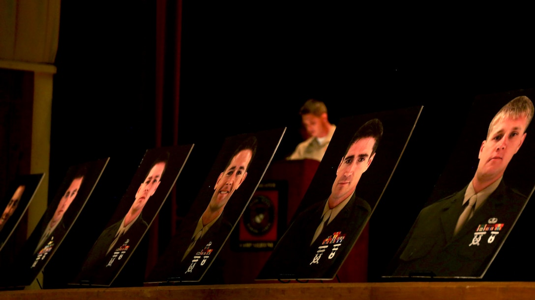 A Marine with U.S. Marine Corps Forces, Special Operations Command addresses the audience in attendance of a celebration of life ceremony commemorating 11 fallen service members May 15, 2015, aboard Marine Corps Base Camp Lejeune, North Carolina. Seven MARSOC Marines and four Louisiana Army National Guardsmen were killed when a UH-60 Black Hawk Helicopter crashed during amphibious operations involving helicopter and boat insertion and extraction training near Eglin, Fla., March 10. (U.S. Marine Corps photo by Cpl. Steven Fox/Released)